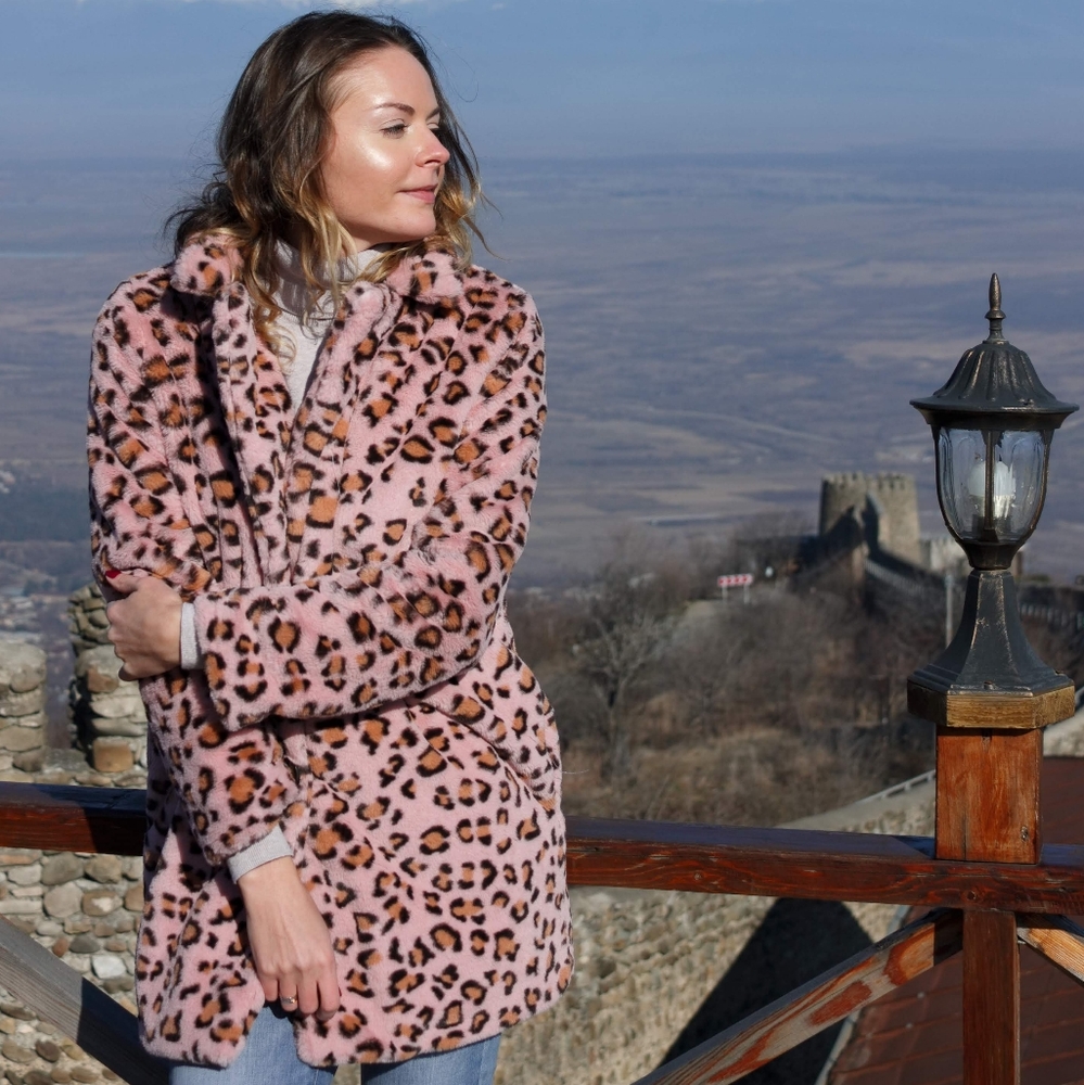 Trendy pink cheetah faux fur coat